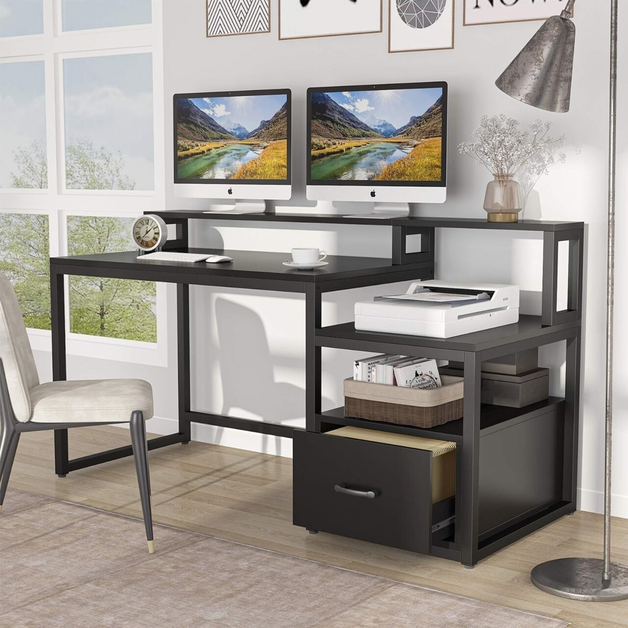 Tribesigns 60 Inch Computer Desk With Storage Shelves And File Drawer Large